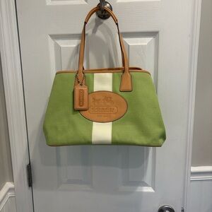 Coach Vintage Green Canvas Tote with White Center Stripe and Tan Leather NWOT
